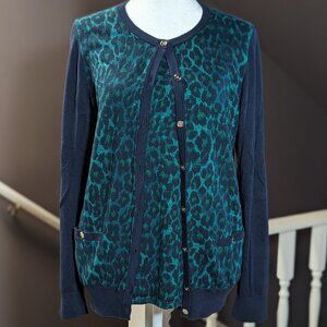 Like new! Ann Taylor Cheetah print Cardigan Sweater set, Navy and Teal, Size M/L